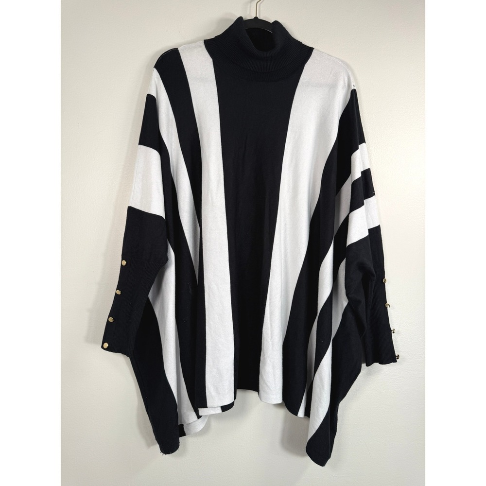 JM Collection Poncho Sweater Women L Black White Striped Turtleneck EUC Oversize